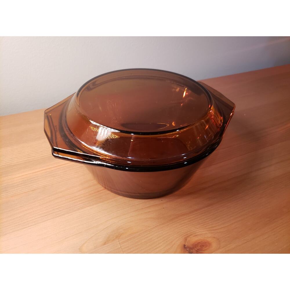 Large Vintage Arcopal France Amber Glass Casserole Dish with Lid